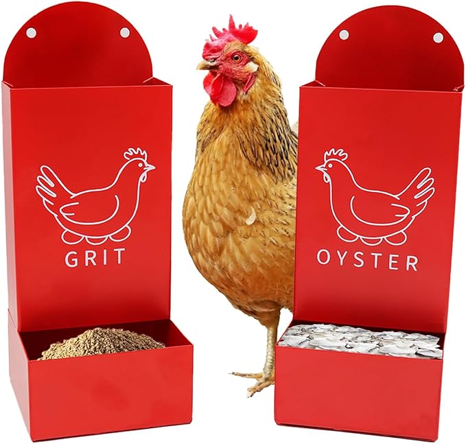 Chicken Coop Accessories, 2 Pack Red Metal Grit and Oyster Shell Feeder with Screw and Plastic Cable Tie, Chicken Feeder for Hen, Duck, Geese, Turkey and Other All Poultry