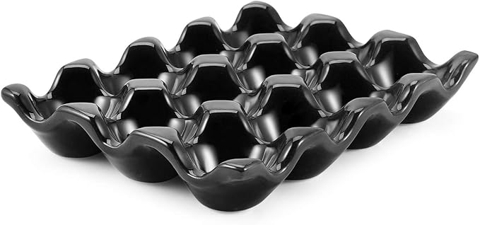 Flexzion 12 Cup Ceramic Egg Tray - Whole Dozen Porcelain Egg Holder Container Storage Organizer Decorative Serving Stand Serveware for Refrigerator Countertop