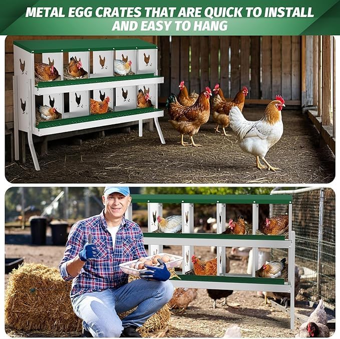 Chicken Nest Box, 10-Compartment Egg-Laying Box, Metal Hen House, Convenient for Collecting Eggs - Ventilated Poultry House Equipment - Suitable for Hens, Ducks Green,with Stand