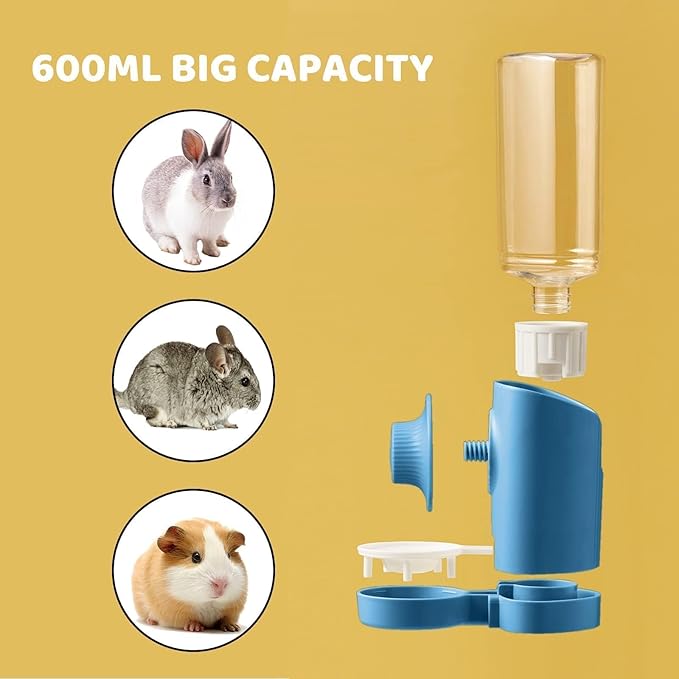 Rabbit Water Bottle, 600ml/21oz Hanging Water Dispenser Feeder Cage Crate Hutch Bunny Puppy Cat Chinchilla Ferret Guinea Pigs Squirrel Hedgehog (Blue)