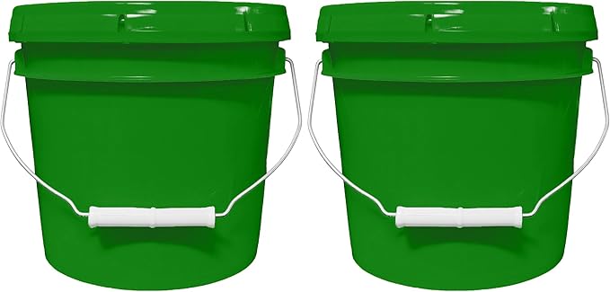 1-Gallon Bucket with Airtight Lid – Made in USA, Food Grade BPA Free Plastic, Heavy Duty Multi-Use, Metal Handle with Grip, Stackable Storage – Green, 2 Pack