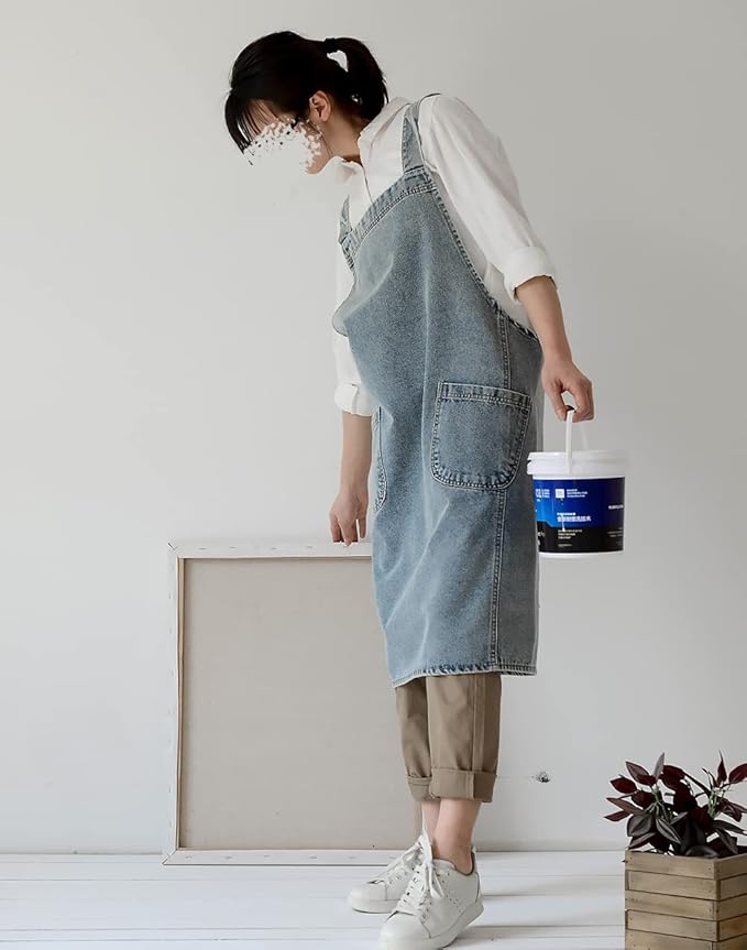 Cotton Denim Apron Soft - Unisex Adjustable Bib Apron with 5-Pockets Perfect for Kitchens