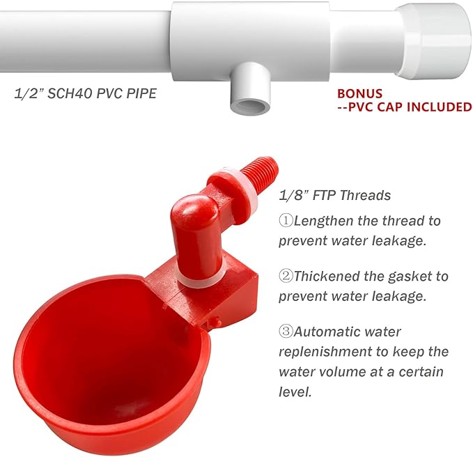 Chicken Water Cups for PVC with Tee (24 Pack), Automatic Chicken Waterer Kit for Poultry, DIY PVC Water Feeder for Chicken/Duck/Quail/Turkey