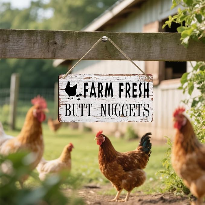Funny Chicken Coop Signs Farm Decor - Farmhouse Kitchen Wall Decor, Rustic Outdoor Chicken Coop Decorations - Farm Fresh Butt Nuggets Sign, Wooden Home Decor Chicken Mom Gifts (6x12 Inch)