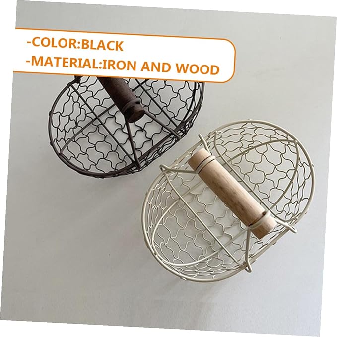 2pcs Vintage Style White Iron Wire Fruit Basket with Wooden Handles, Multi-function Metal Mesh Storage Baskets for Kitchen, Egg and Bread Organizer, Small Harvesting and Serving