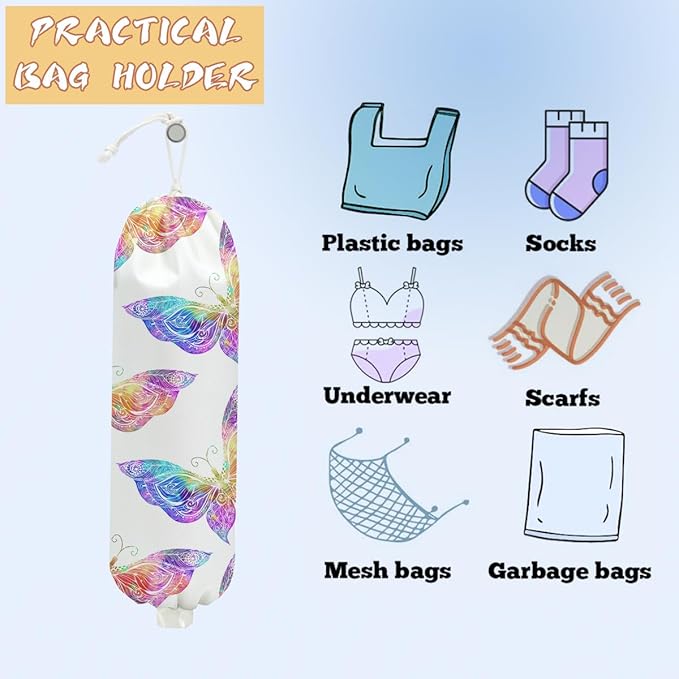 2PCS Butterfly Plastic Bag Holder, Wall Mount Grocery Bag Holder for Storage bag, Washable Storage Organizer Reusable Grocery Bags, Pull Rope Free Adjustment, Butterfly Gifts for Women Mom Sister