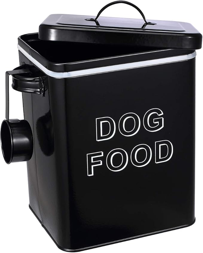 Dog Food Storage Container Farmhouse Pet Food Storage Containers with Lid and Scoop, Perfect Vintage Canister Treats Tin for Kitchen Countertop, Shelf, Great Gift for Pet Owners - Dog Food - Black