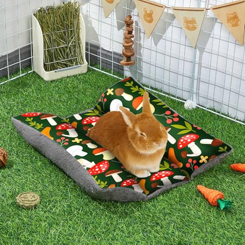 18"x15" Soft Plush Rabbit Bed Washable Cuddle Mat for Small Pets - Large, Green Mushrooms, Polyester - Image 2