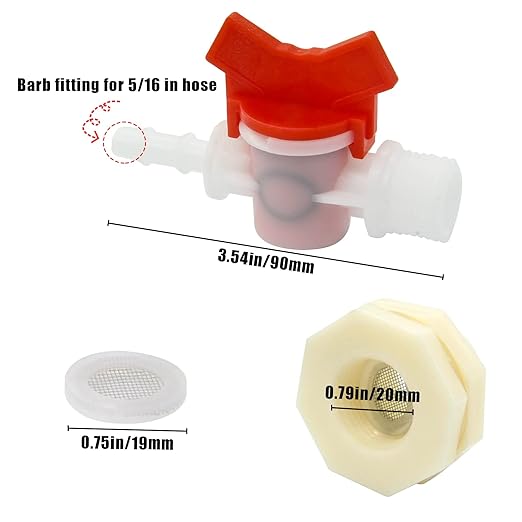 Rabbit Watering System Bucket Connector Kit to ID 5/16" Hose Include Bulkhead Fitting, Barb Ball Valve and Mesh Washe