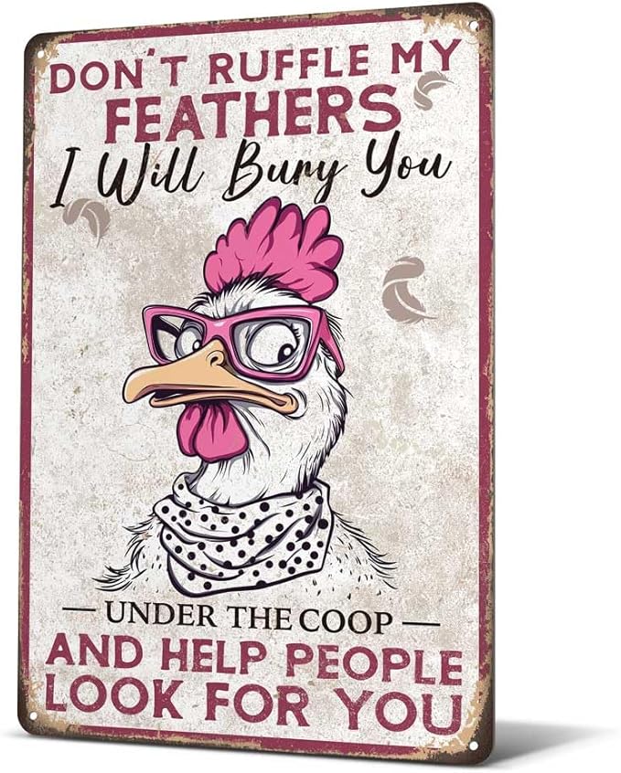 Heuhuww Funny Chicken Signs Vintage Rooster Tin Decorative Sign for Outdoor Farm Fence Home Bar Chicken Gifts for Women 12" x 8"(H6)