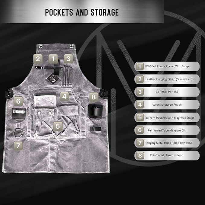 Mt Diablo 16oz - Woodworking Apron - Work Apron with Duck Weave Paraffin Waxed Canvas, Genuine Leather - Fits XS-XL