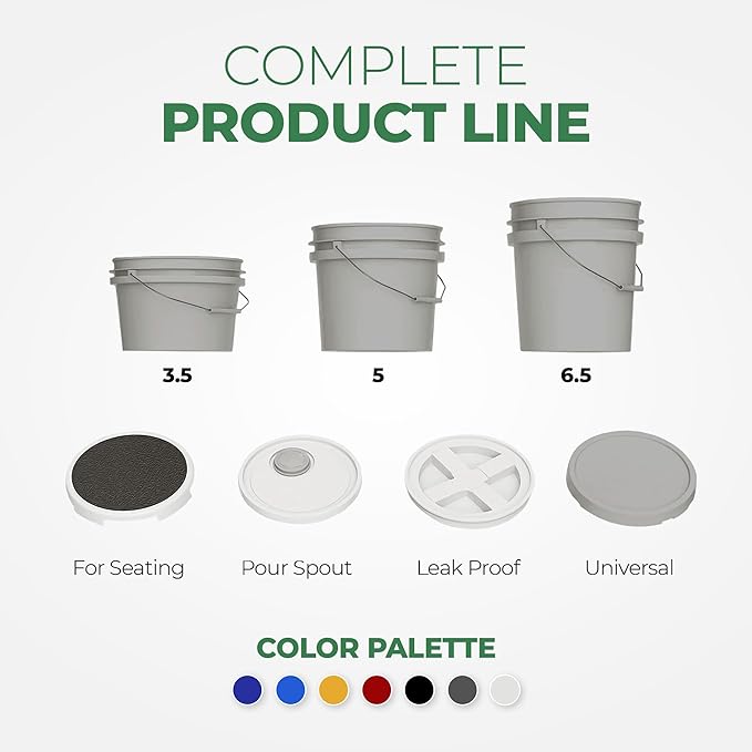 EconoHome 5-Gallon Grey Bucket Pail Container with Lid | Metal Handles with Plastic Grip for Easy Carrying | Easy Stack and Store | Heavy-Duty Extra Durable | Food Grade | BPA Free - 5 Pack