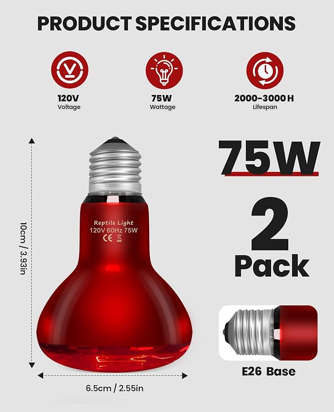 KINDEEP Infrared Heat Lamp Bulbs: 75W Reptile Heat Light 2 Pack - Red Basking Spot Light Bulbs Reptile Heating lamp for Lizard Bearded Dragon Turtle Snake Leopard Gecko Tortoise Chickens
