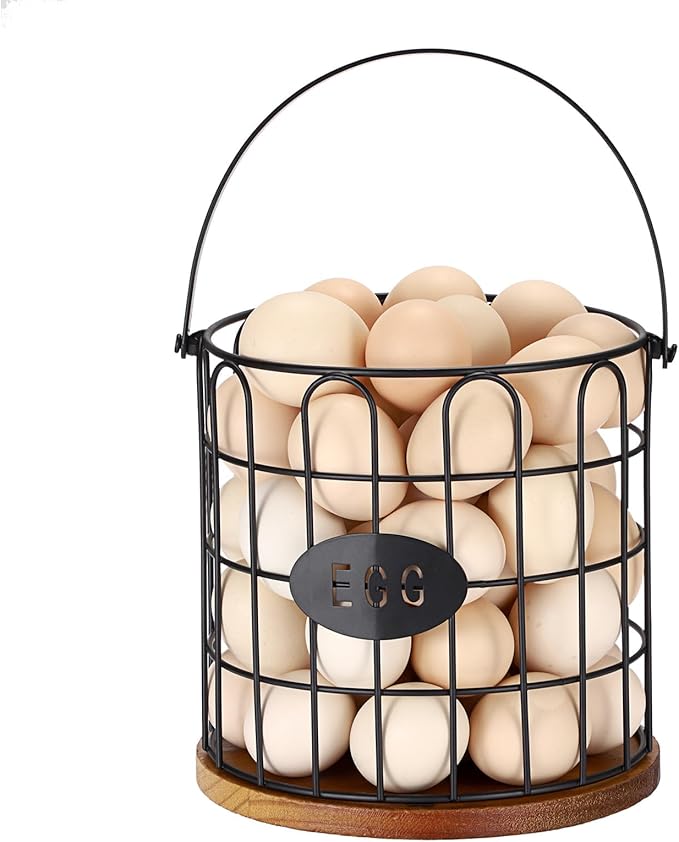 Farmhouse Vintage 7'' Round Metal Wire Egg Basket - Solid Bottom Egg Gathering Holder for Fresh Eggs, Countertop Kitchen Storage (Style 1(Straight))