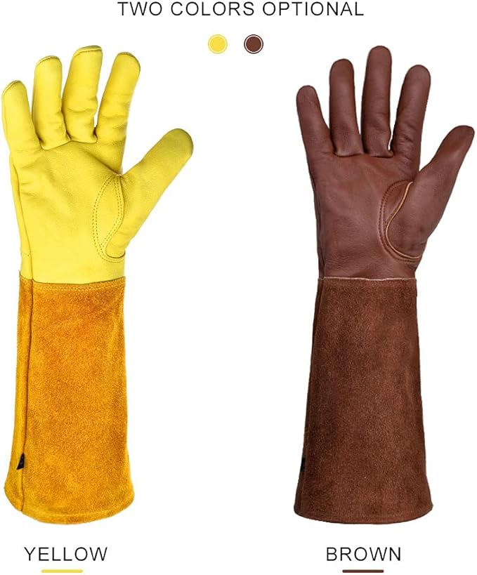 KINDE Gardening Gloves - Thorn Proof Cowhide Leather Rose/Blackberry Pruning Long Forearm Protection Gauntlet, Work Garden Gloves (BROWN, Medium)