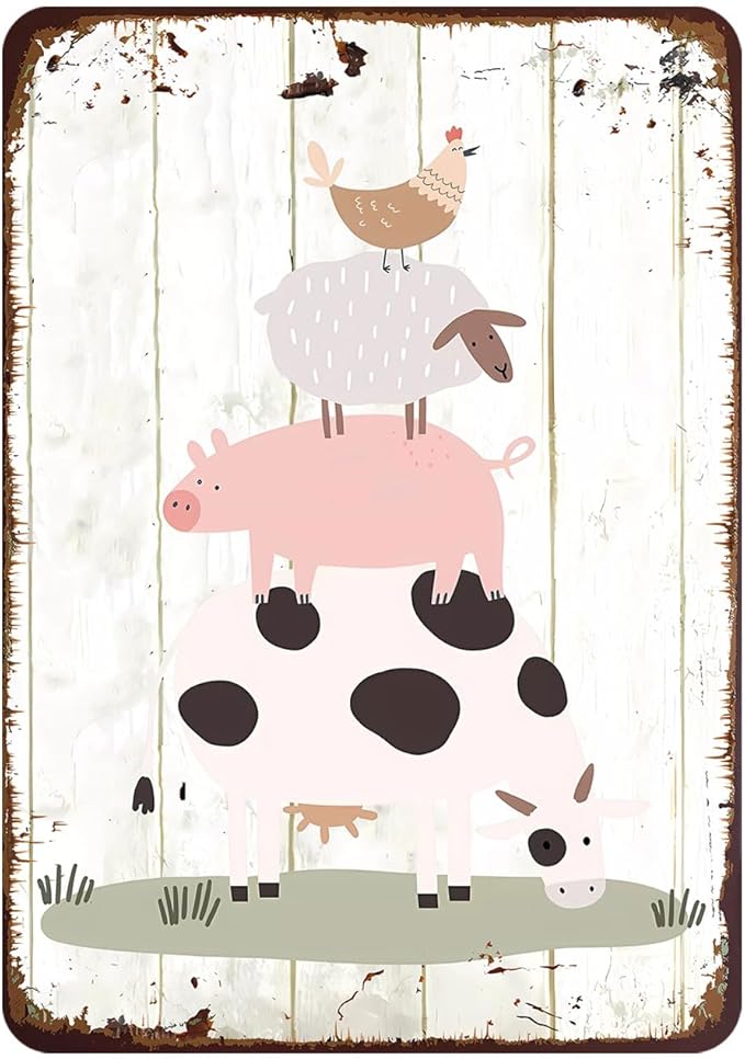 Rustic Farm Animals Metal Sign Chicken Sheep Pig Cow Vintage Style Wall Decor for Farmhouse Gift 12x8 Inches