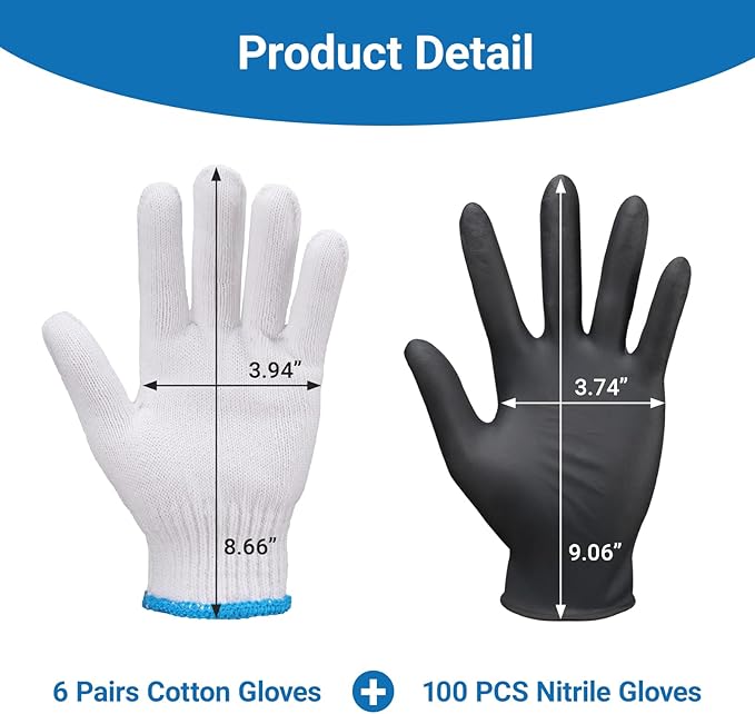 100 PCS Disposable Black Nitrile BBQ Gloves - 5 Mil Heavy Duty Power Latex Free for Cooking, Grilling, Serving, Barber, Butcher, Chef, with 6 Pairs Cotton Glove Liners, Medium