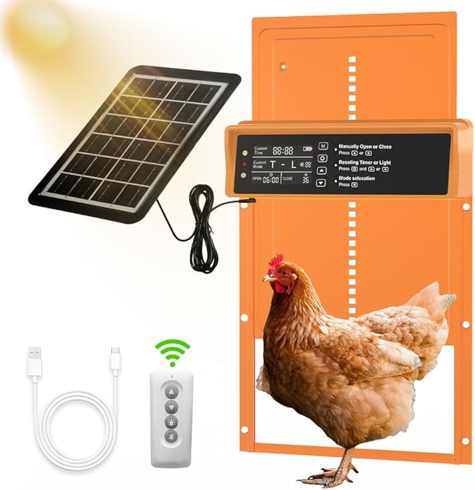 Automatic Chicken Coop Door Solar Powered, LCD Display, Durable Aluminum Alloy Chicken Door with Timer & Light Sensor Setting, Remote Control, Weatherproof, Energy-Saving, Solar Panel or USB Charging