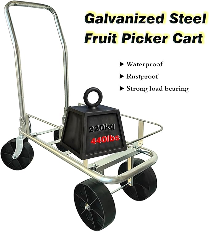 Pushable Utility Dual-Bucket Hand Truck for Farmland/Greenhouse, Galvanized Steel All-Terrain Hand Dollys with 7 Inch Large Wheels for Moving Farm Crop/Grocery