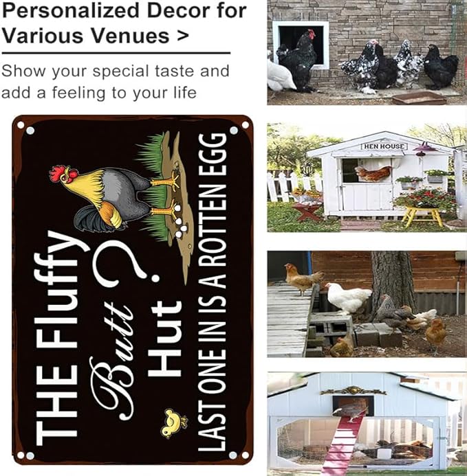 Fluffy Butt Hut Chicken 12x8 Inch Outdoor Decorative Yard Sign with Rooster Hen Chick Design for Farmhouse Patio Lawn Decor