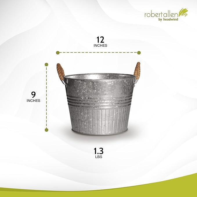 Headwind Decorative Planter - Round Galvanized Bucket w/Rope Handles – 12 Inch Metal Tub Bucket Planter for Outdoor Plants w/Drainage Hole – Galvanized Large Outdoor Planters Buckets by Robert Allen
