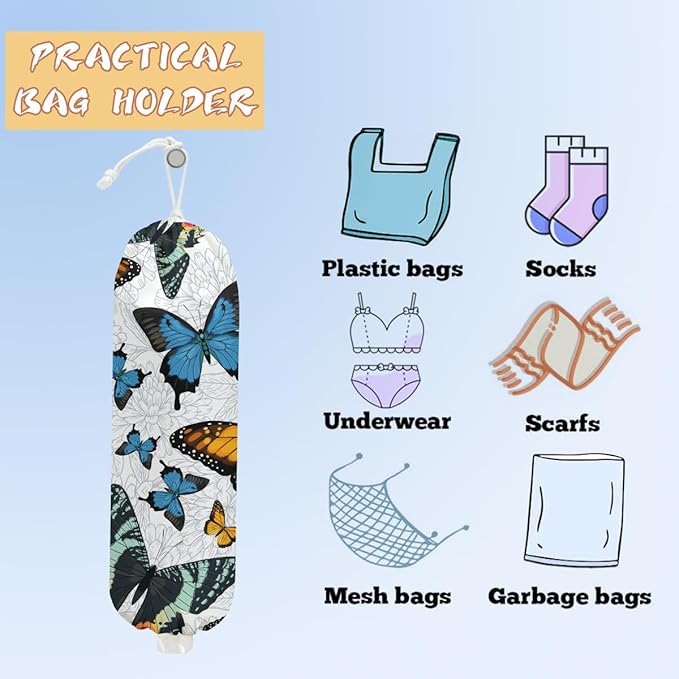 Butterfly Plastic Bag Holder, Wall Mount Grocery Bag Holder for Plastic Storage bag, Washable Storage Organizer Reusable Grocery Bags, Pull Rope Free Adjustment, Butterfly Gifts for Women Mom Sister