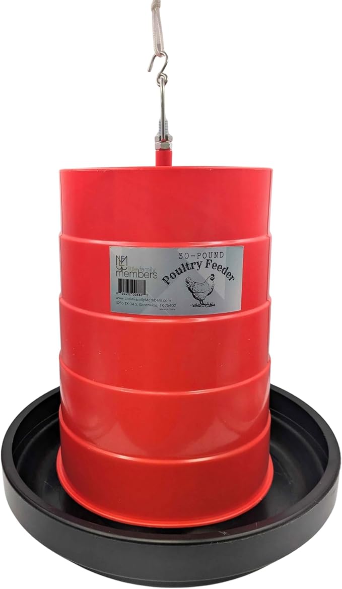 30 lb Poultry Feeder with Adjustable Flow Control, Anti-Scratch Lip to Reduce Waste, Metal Hanging Rod - Large Capacity Chicken Feeder for Backyard Flocks, Weather-Resistant