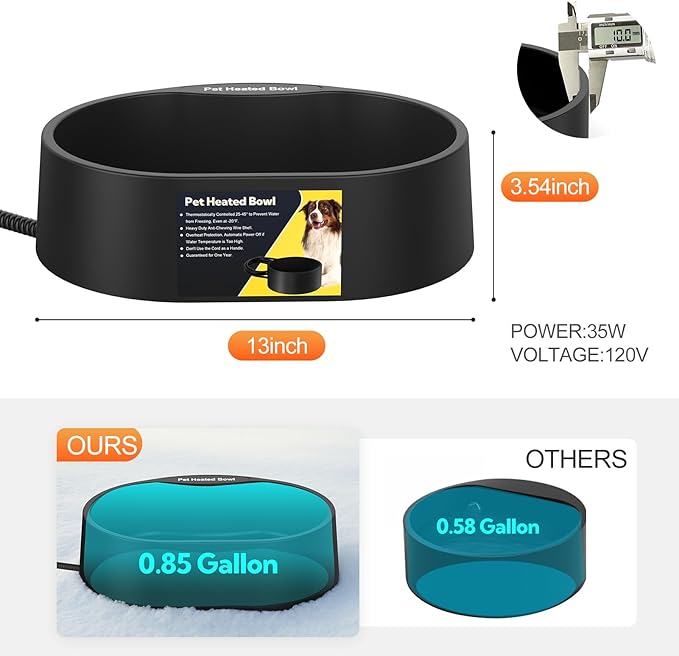 Heated Water Bowl for Dogs and Cats,Large Heated Dog Bowl with Chew Resistant Power, Waterproof Heated Pet Bowls for Outside in Winter,Provide Warmable Water for Dogs, Cats,Birds, (Black