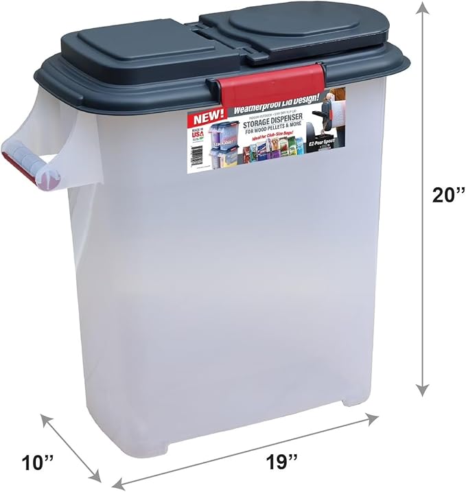 BEN & JANE 40lb Pellet Storage Dispenser - Made in USA, BPA-Free Food Safe Container for Dog & Cat Food, Birdseed, Charcoal & Potting Soil - Weatherproof Stackable Bin with Pour Spout & Locking Lid
