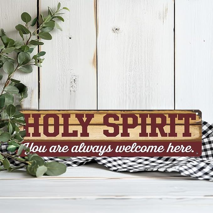 Rustic ''HOLY SPIRIT You are always welcome here'' Decorative Tin Sign, 16x4 Inch, Farmhouse Religious Art Wall Sign For Home, Porch, Patio, Yard, Garage Hanging Decor, Room Decor