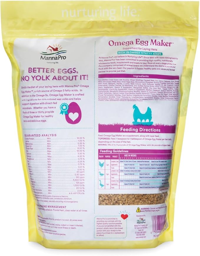 Manna Pro Omega Egg Maker, Chicken Feed Supplement for Laying Hens, Poultry Food with Omega-3 Fatty Acids, Digestion Support with Fortified Vitamins & Minerals, 5 lbs