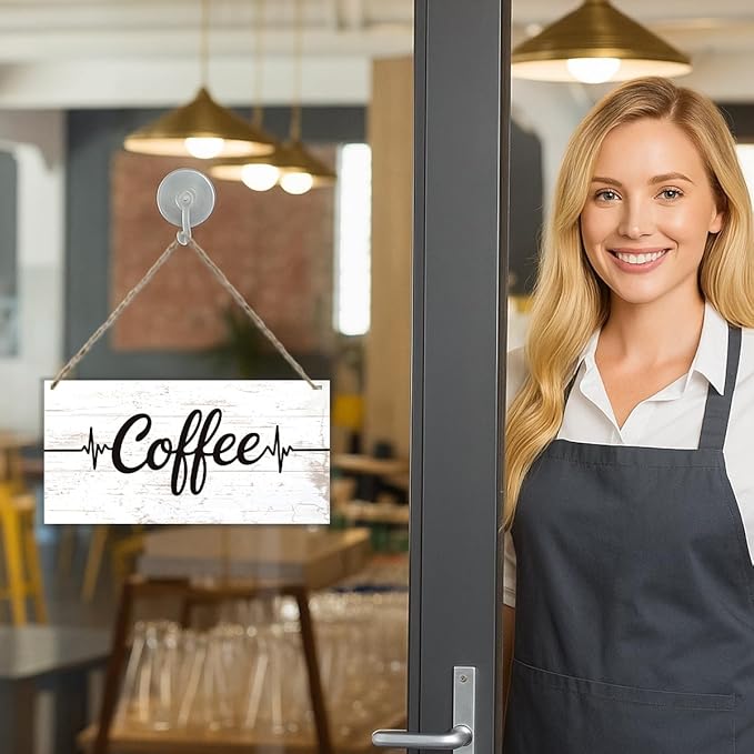 Coffee Bar Wooden Hanging Decor, Coffee Heartbeat Frequency Decoration Sign, Vintage Kitchen Decor, Wood Grain Retro Sign, Cafe Decoration with Rope Hanging 12 x 6 Inches