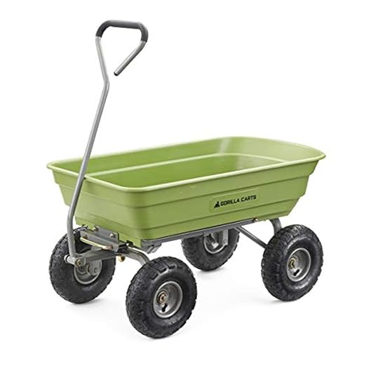 Gorilla Carts Poly Garden Dump Cart, 4 Cu Ft Tub, 600 lb Haul Capacity, Green – Heavy-Duty Utility Wagon with Quick-Release Dumping & Pneumatic Tires for Yard, Landscaping and Gardening