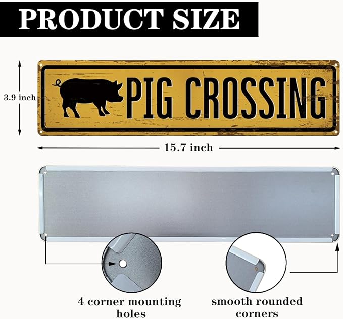 Rustic Farmhouse Metal Tin Sign, Pig Crossing Sign, Vintage Animal Road Signs for Porch, Yard, and Farmhouse, Animal Crossing Warning Signs, Perfect for Garden and Road, 15.7 x 3.9 inches
