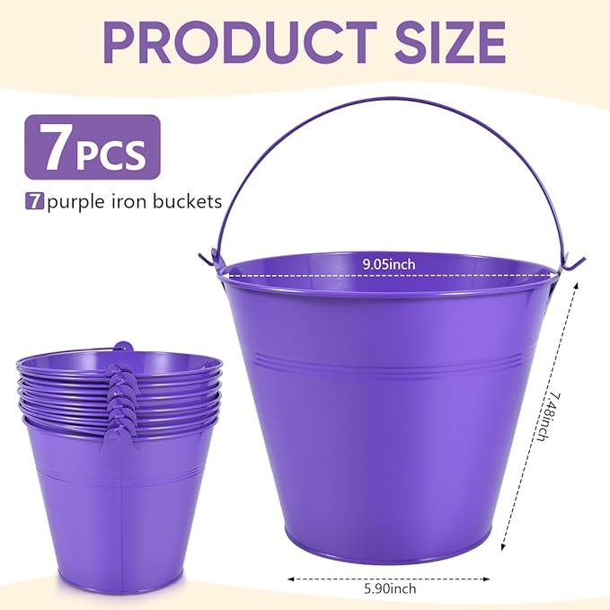 OBTANIM 7 Pack Purple Metal Buckets with Handle Galvanized Ice Pails for Plants, Succulents, Party Favors Organizing, Rustic Home Decor or Classrooms Pencil Storage (9.1 x 6.7 inch)