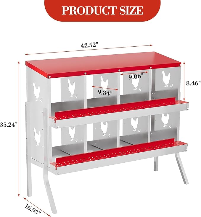 Chicken Nest Box, 8-Compartment Egg-Laying Box, Metal Hen House, Convenient for Collecting Eggs - Ventilated Poultry House Equipment - Suitable for Hens, Ducks Red, Without Stand