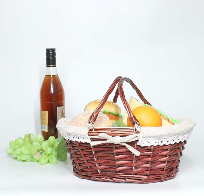 MEIEM Wicker Gift Baskets Empty Oval Willow Woven Picnic Cheap Easter Candy Storage Wine Basket with Handle Egg Gathering Wedding Basket (Brown)