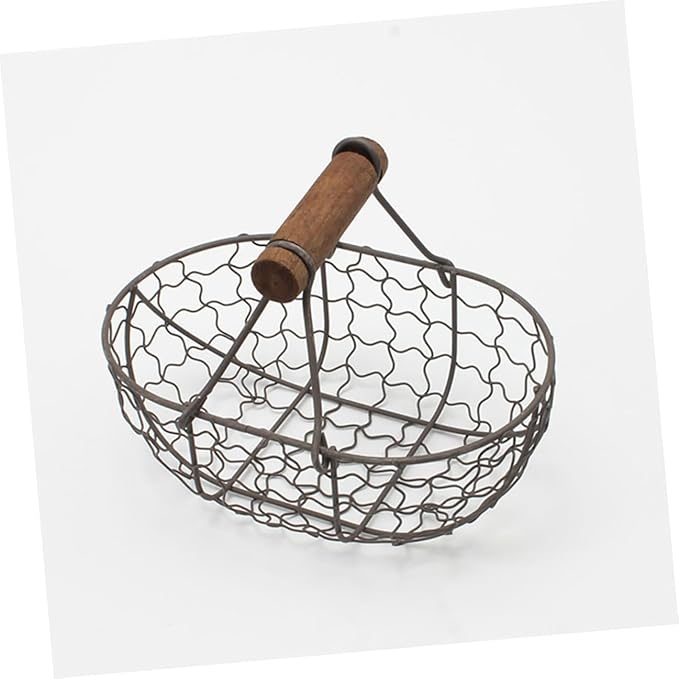 2pcs Small Iron Storage Basket with Wooden Handle, Farmhouse Style Metal Fruit and Egg Holder for Kitchen Countertop Organization, Vintage Rustic Wire Basket for Bread and Pantry
