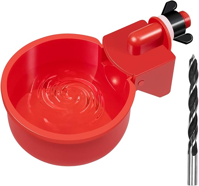 Chicken Automatic Waterer Kit for Poultry Float Style Gravity Water Feeder Drinking Cup Bowl 5 Gallon with Mounting Hole Opener, 12 Pack