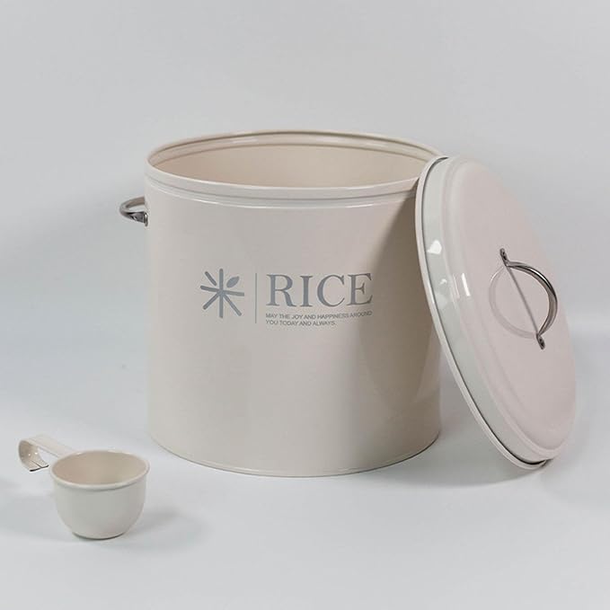 Sealed Food Storage Bin, Iron Rice Container and Measuring Spoon Metal Rice Storage Box Round Rice Canister for Pet Food Home, Style A