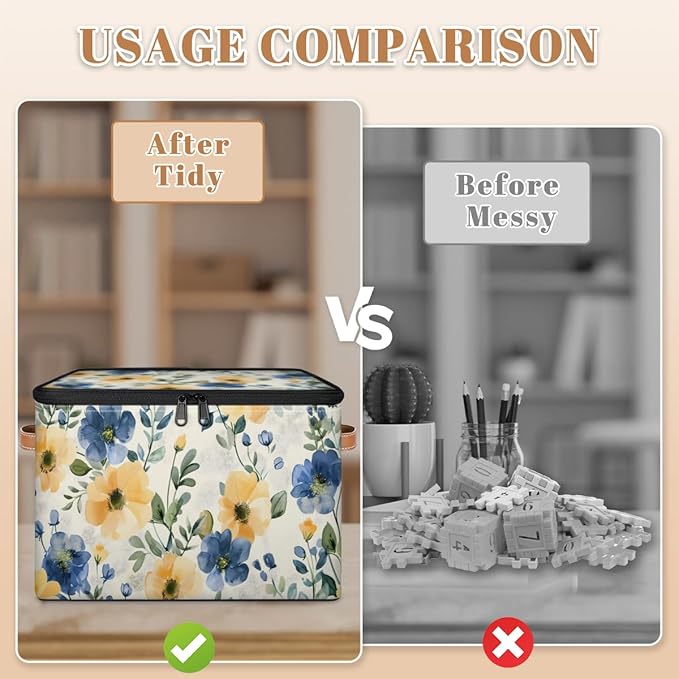 Watercolor Wildflowers Storage Bins with Lids, Blue Yellow Floral Fabric Storage Boxes with Zipper, Collapsible Decorative Closet Organizer Cube for Clothes, Organizing, Shelves