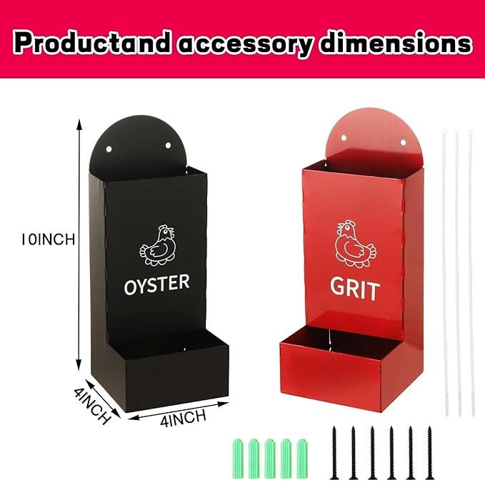 Hanging Chicken Feeder Metal (2 Pack), Wall Mounted Poultry Grit Feeder with Weatherproof Lid, Durable Chicken Coop Accessories for Chickens, Ducks, Quail, Red & Black