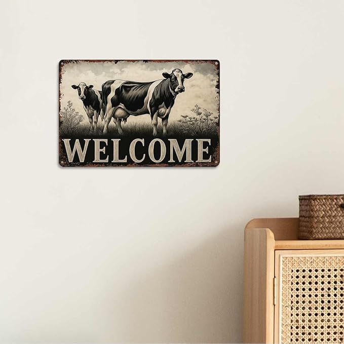 Vintage Farmhouse Metal Welcome Sign - Rustic Cow Farm Animal Theme 8x12 Inch Vintage Aluminum Metal Tin Signs-For Living Room Kitchen Patio Porch Backyard Home Decor Wall Decor