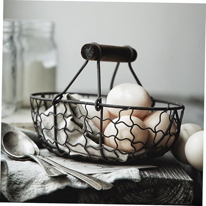 2pcs Vintage Iron Wire Storage Basket with Wooden Handle, Small Multi-function Farmhouse Style Egg and Fruit Basket for Kitchen Countertop Organization