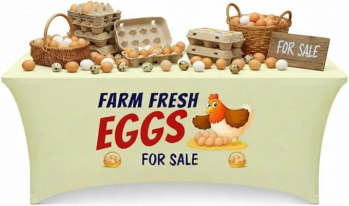 Oudain 6 ft Farm Fresh Eggs Tablecloth Stand Supplies Stretch Spandex Table Cloth Cover Rectangle Table Decor for Farmers Market Chicken Coop Small Business