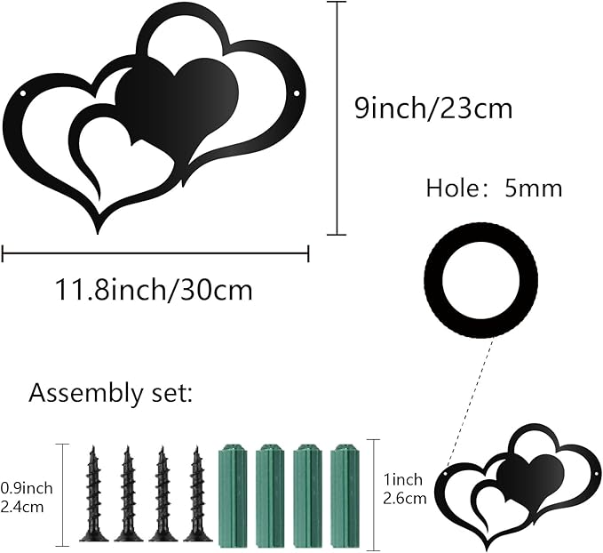 CREATCABIN Love Heart Wall Art Metal Hearts Wall Decoration Sign Ornament Wall Hanging Minimalist Sculpture Artwork for Valentine's Day Bedroom Living Room Decor Housewarming Gift Black 11.8 x 9 Inch