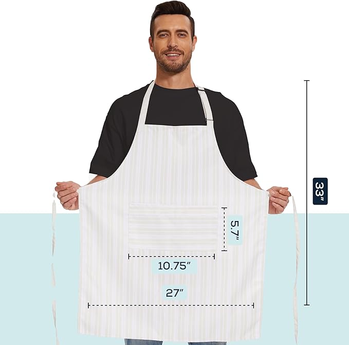 Will Well Kitchen Apron for Men and Women - 33" x 27" Oil-and-Water-Resistant with Adjustable Neck Strap and 38" Waist Ties for a Snug Fit, Lightweight with 2 Front Pockets - 2-Pack, White Stripe