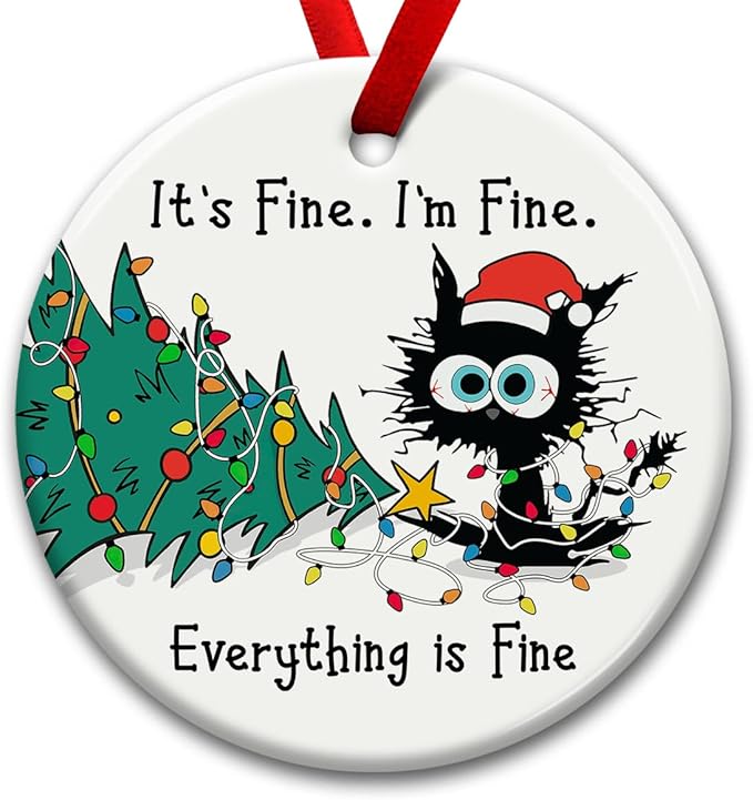 Funny Christmas Hanging Ornaments, Black Cat Tree Ornament, Gifts for Cat Lovers - It's Fine I'm Fine