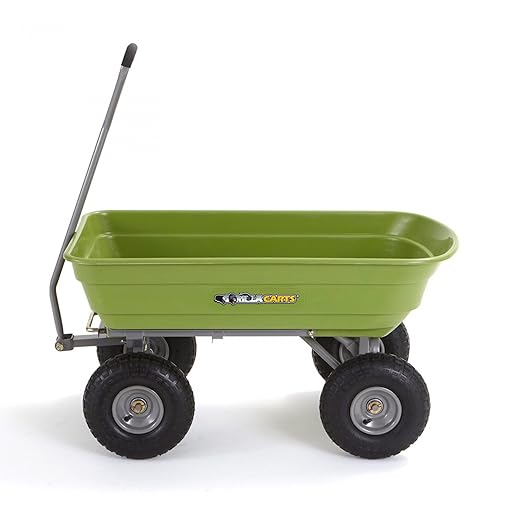Gorilla Carts Poly Garden Dump Cart, 4 Cu Ft Tub, 600 lb Haul Capacity, Green – Heavy-Duty Utility Wagon with Quick-Release Dumping & Pneumatic Tires for Yard, Landscaping and Gardening