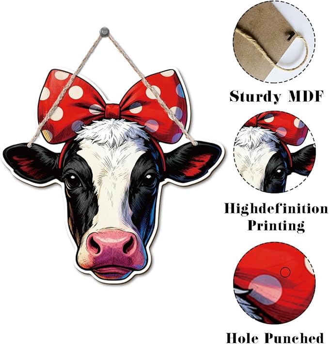 Farmhouse Wall Decor, Cow Head with Polka Dot Bow Wood Sign, Rustic Cartoon Painting Style Farm Animal Hanging Plaque, Country Wall Art for Kitchen Dining Room or Kids Room, 10.2x9.8 Inches